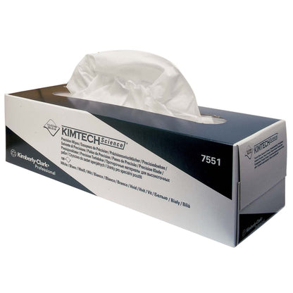 Kimberly-Clark GmbH:n Kimtech® Science Precision -liinapakkaus (Valkoinen/Suuri, 15 laatikkoa x 196 liinaa) seisoo valkoisella pinnalla, liina helposti vedettävissä - ihanteellinen herkille pinnoille.