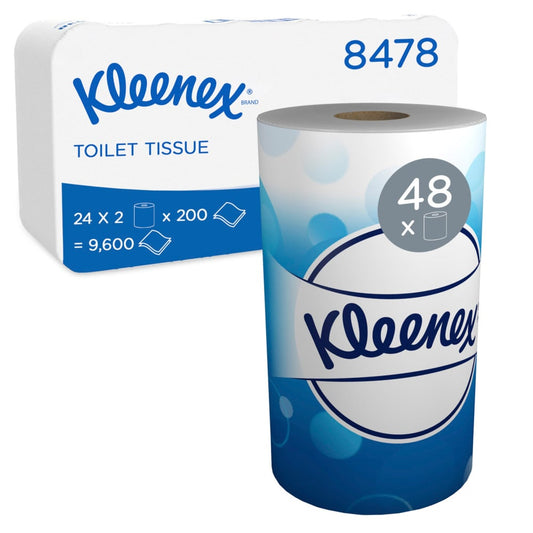 Kleenex® Toilettenpapierrollen von Kimberly-Clark GmbH: 24 Packungen mit je 2 weißen Kleinrollen (200 Blatt/Rolle) - insgesamt 9.600 Blatt. Perfekt zur Bevorratung, wenn Sie mehr als die übliche Packungsgröße benötigen.
