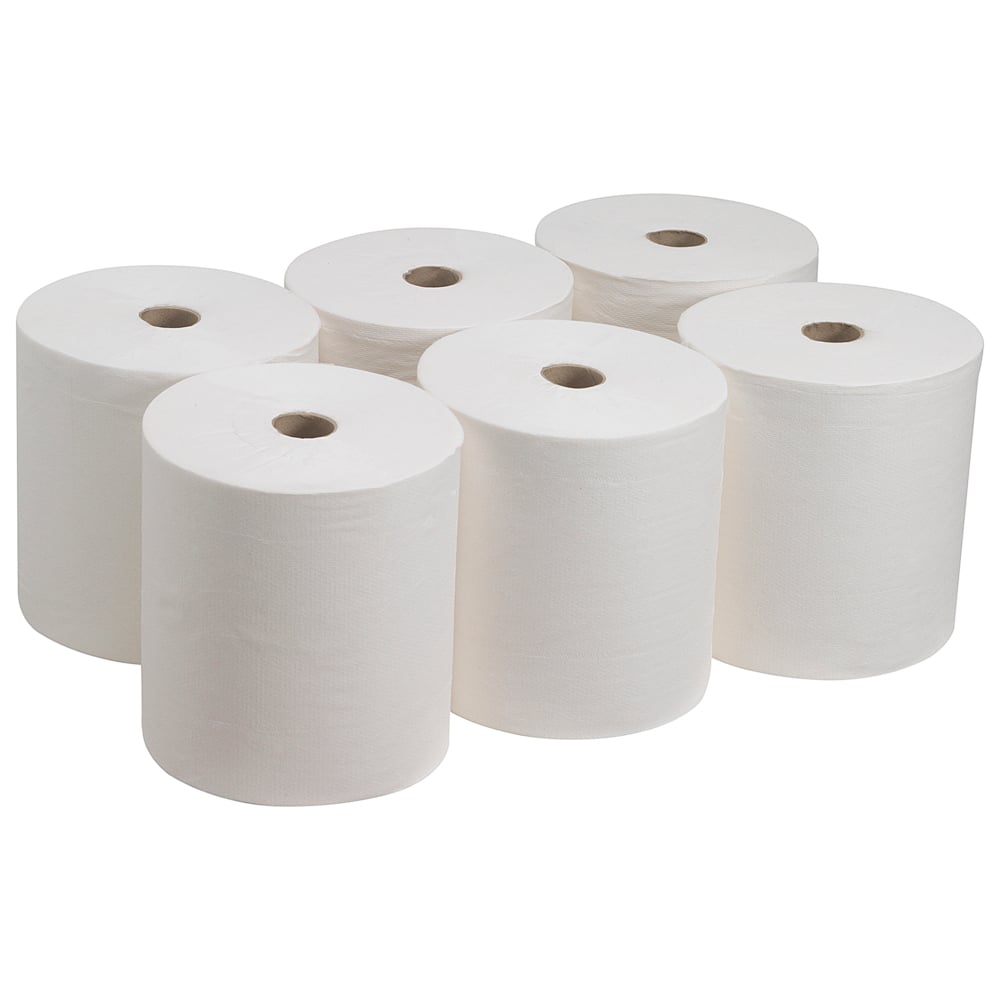 Kuusi suurta valkoista Kimberly-Clark GmbH:n Kleenex® Ultra™ -käsipyyherullaa (6 rullaa) on asetettu kahteen kolmen rivin sarjaan yksivärisellä taustalla. Jokainen käyttämätön rulla, joka soveltuu erinomaisesti hygieeniseen käsien kuivaamiseen, sisältää keskuspaperihylsyn.