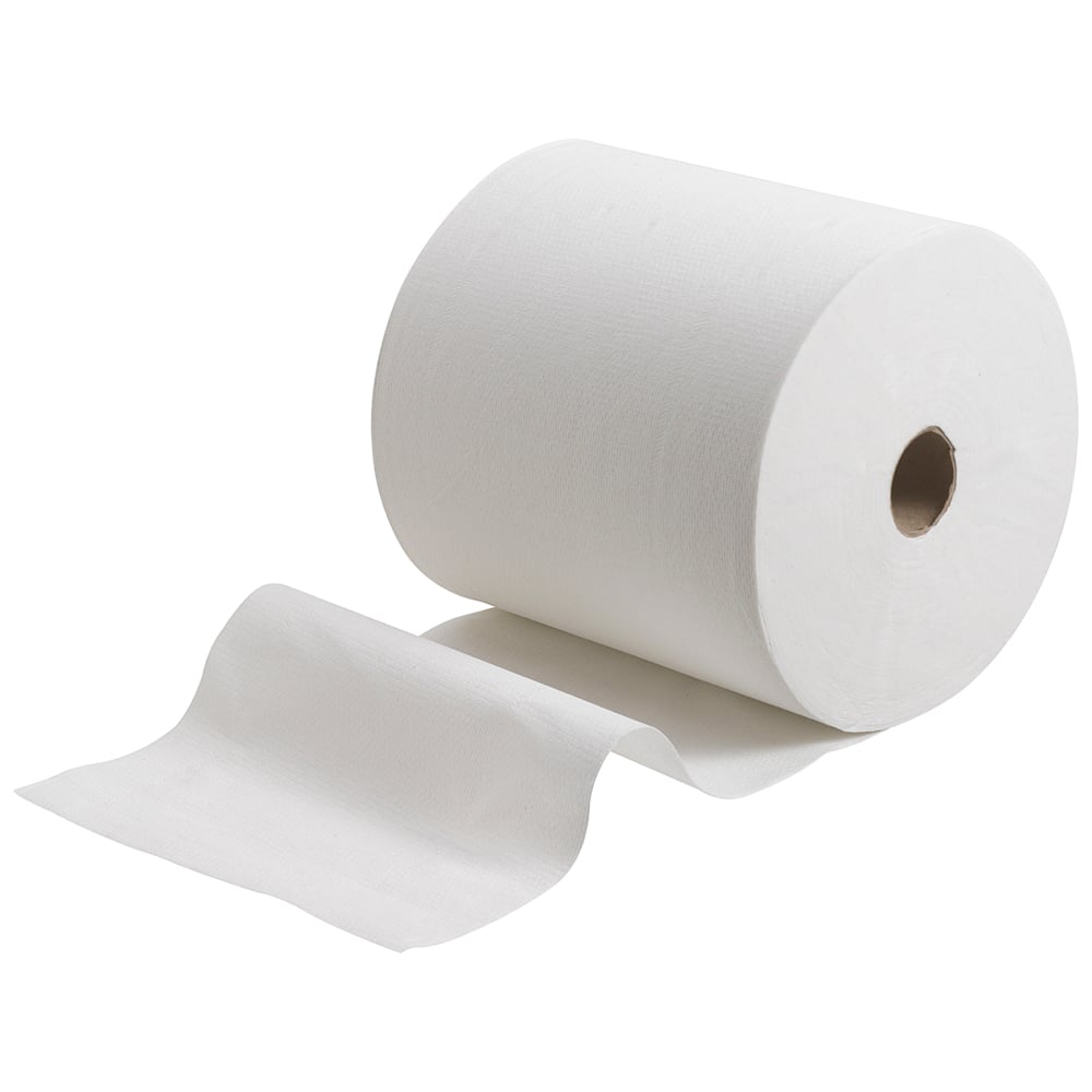 Kleenex® Ultra™ -käsipyyherulla Kimberly-Clark GmbH:lta, kuvattuna rullattujen arkkien kanssa valkoisella taustalla, tarjoaa hygieenisen käsien kuivaamisen. Pakkaus sisältää 6 valkoista rullaa, ihanteellinen käytettäväksi pesuhuoneissa.