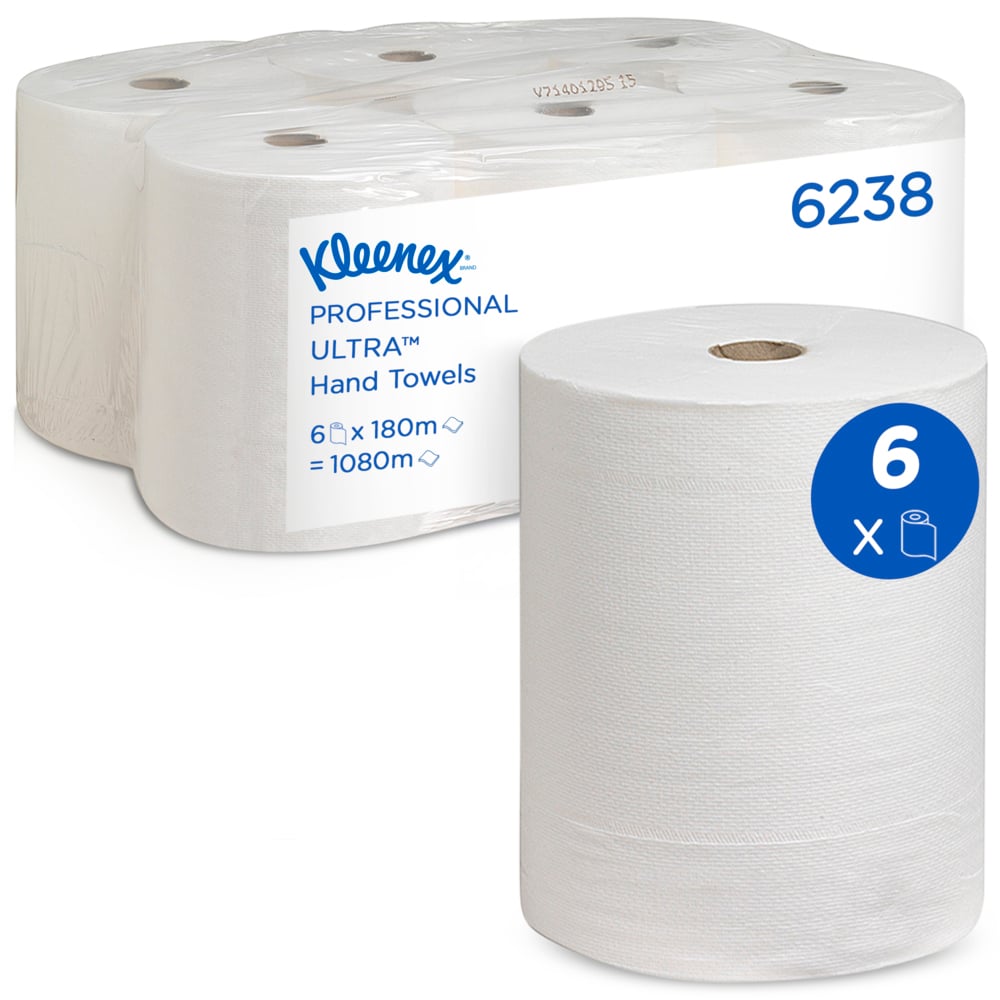 Kuvassa on Kimberly-Clark GmbH:n Kleenex® Ultra™ -käsipyyherullien kuuden pakkauksen paketti, jossa yksi rulla on edessä. Etiketissä lukee: 6 rullaa per laatikko, jokainen 180 m pitkä - täydellinen hygieeniseen käsien kuivaamiseen - ja yhteensä 1080 m pitkä.