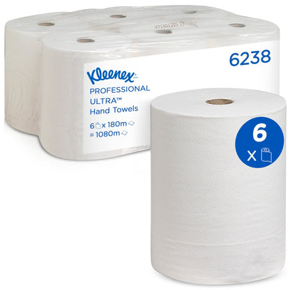 Kuvassa on Kimberly-Clark GmbH:n Kleenex® Ultra™ -käsipyyherullien kuuden pakkauksen paketti, jossa yksi rulla on edessä. Etiketissä lukee: 6 rullaa per laatikko, jokainen 180 m pitkä - täydellinen hygieeniseen käsien kuivaamiseen - ja yhteensä 1080 m pitkä.