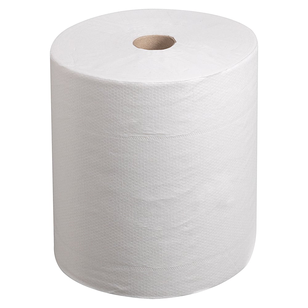Kimberly-Clark GmbH:n valkoinen Kleenex® Ultra™ -käsipyyherulla seisoo pystyasennossa näkyvän ruskean kartonkisydämen kanssa valkoisella taustalla. 6 rullaa per laatikko. Ihanteellinen hygieeniseen käsien kuivaamiseen.