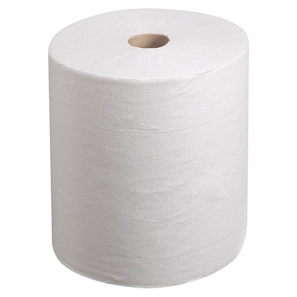 Kimberly-Clark GmbH:n valkoinen Kleenex® Ultra™ -käsipyyherulla seisoo pystyasennossa näkyvän ruskean kartonkisydämen kanssa valkoisella taustalla. 6 rullaa per laatikko. Ihanteellinen hygieeniseen käsien kuivaamiseen.