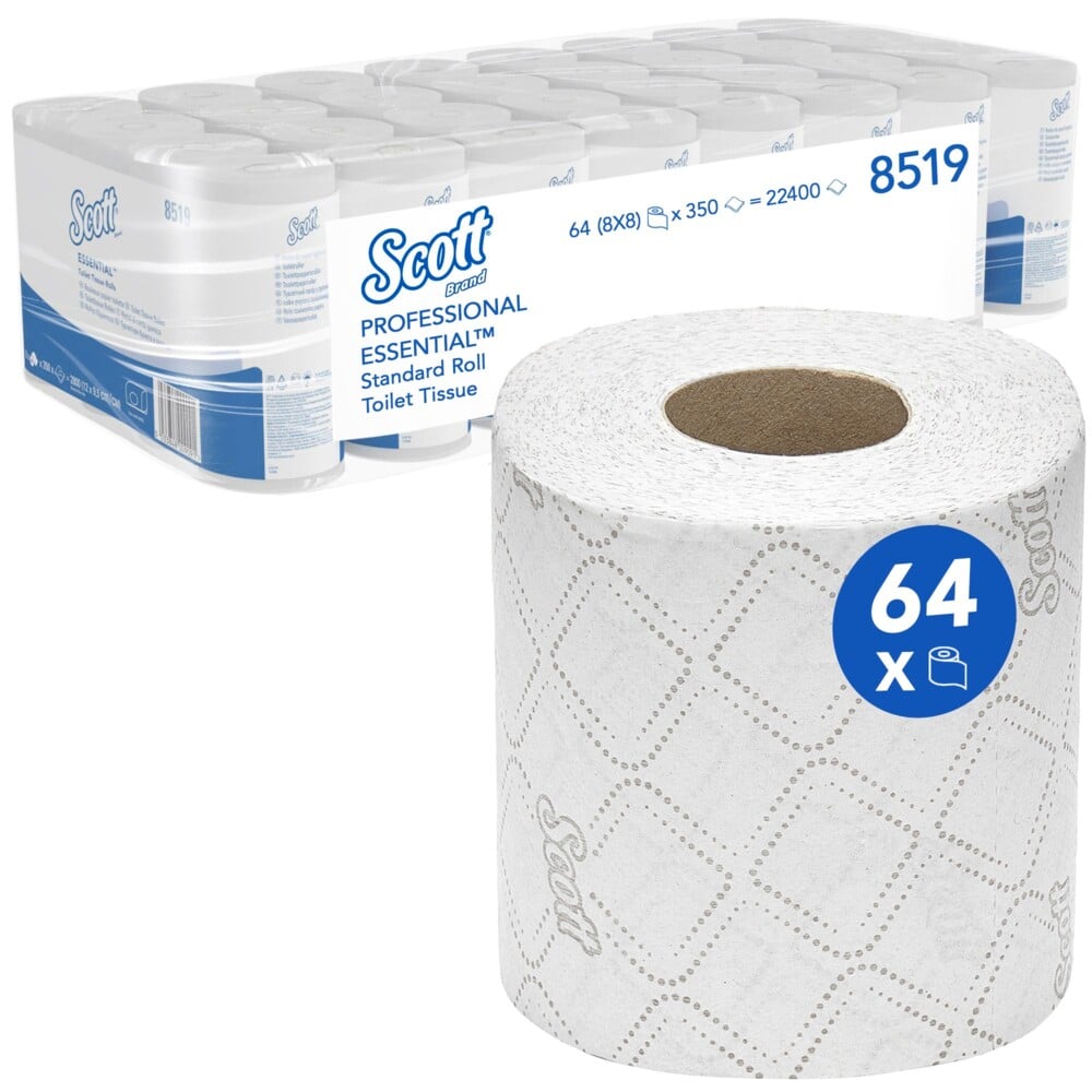 Scott® Essential™ WC-paperi Kimberly-Clark GmbH:ltä sisältää 8 pakkausta, joissa on kukin 8 pientä rullaa, yhteensä 64 rullaa, joissa on 350 arkkia per rulla. Yksi rulla on kuvattu etupuolella, ja pakkaus korostaa brändiä ja määrätietoja.