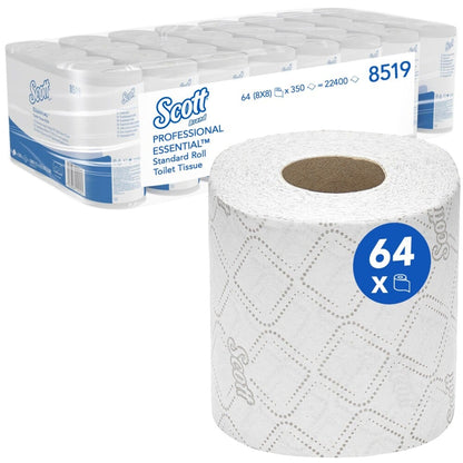 Scott® Essential™ WC-paperi Kimberly-Clark GmbH:ltä sisältää 8 pakkausta, joissa on kukin 8 pientä rullaa, yhteensä 64 rullaa, joissa on 350 arkkia per rulla. Yksi rulla on kuvattu etupuolella, ja pakkaus korostaa brändiä ja määrätietoja.