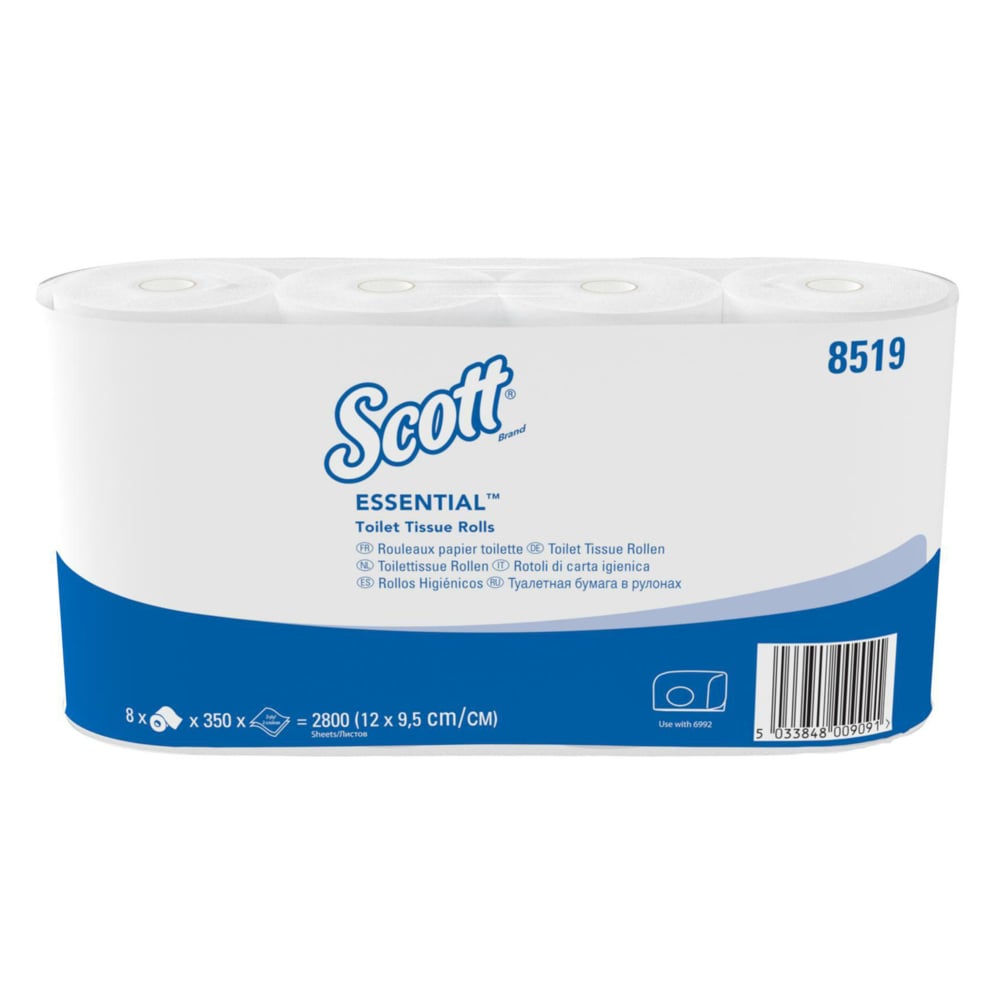 Scott® Essential™ WC-paperi Kimberly-Clark GmbH:ltä: 8 pakkausta, joissa on kukin 8 pientä rullaa à 350 arkkia, yhteensä 64 rullaa (22 400 arkkia) per laatikko - luotettavaan hygieniaan arjessa.