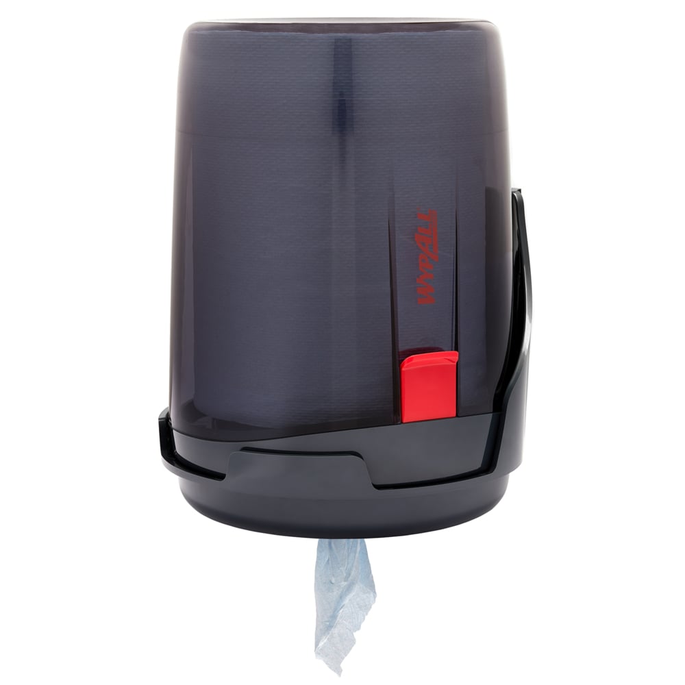 Der WypAll® Reach™ Centrefeed Dispenser der Kimberly-Clark GmbH ist ein schwarzes Wandgerät mit durchsichtiger Front und rotem Hebel, das blaue Handtücher von unten ausgibt - ideal für den professionellen Einsatz.