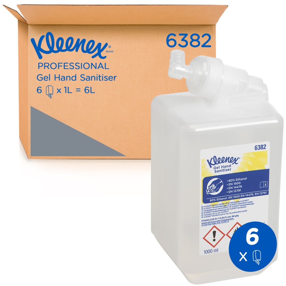 Yksi litran kasetti Kimberly-Clark GmbH:n Kleenex® Extra Gel -käsidesiä seisoo laatikon edessä, jossa lukee "6 kasettia x 1 Ltr = 6L". Sininen symboli korostaa tätä pakkausta, jossa on 6 kasettia tehokkaaseen käsidesinfiointiin.