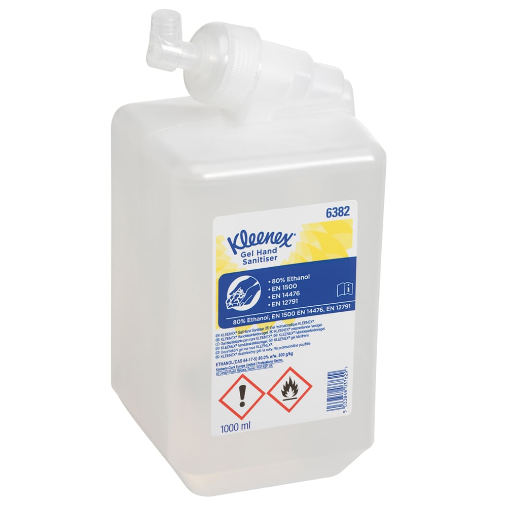 Yksi litran kasetti Kimberly-Clark GmbH:n Kleenex® Extra Gel -käsidesiä, läpinäkyvä tuoteinformaatiolla, varoitusmerkeillä ja keltaisella etiketillä etupuolella tehokkaaseen käsidesinfiointiin; saatavilla laatikoissa, joissa on 6 kasettia.
