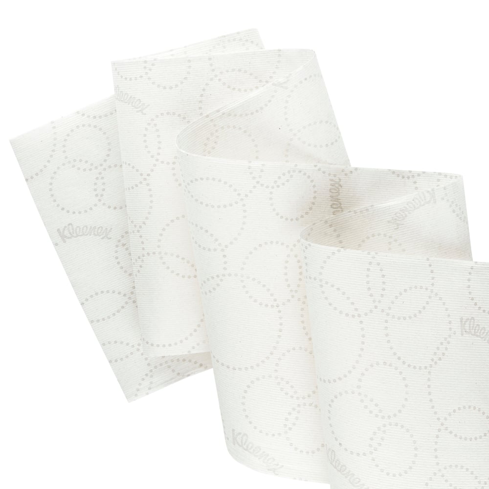 Osa Kleenex® Ultra™ -rullapyyhkeistä, 2-kerroksinen, valkoinen hillityillä pistekuvioiduilla ympyröillä ja "Kleenex"-logolla, Kimberly-Clark GmbH:ltä, esitetty hygieenisenä pyyheratkaisuna. Pakkaus: 6x200m rullaa per laatikko.