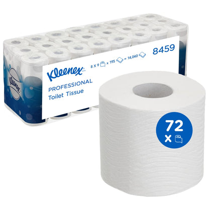 Yksi suuri pakkaus Kimberly-Clark GmbH:n Kleenex® WC-paperirullia (8 pakkausta x 9 pientä valkoista rullaa, 195 arkkia kussakin) näytetään yhdessä lähikuvan kanssa yhdestä rullasta pakkauksen edessä.