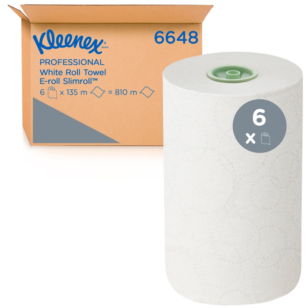 Pahvilaatikko, jossa lukee "Kleenex® Rollenhandtücher - E-roll Slimroll™ Weiß 1-ply" Kimberly-Clark GmbH:lta, on kuvattu suuren valkoisen rullan vieressä, jossa on vihreä ydin; "6x"-symboli osoittaa, että laatikossa on 6 rullaa, kukin 135 m.