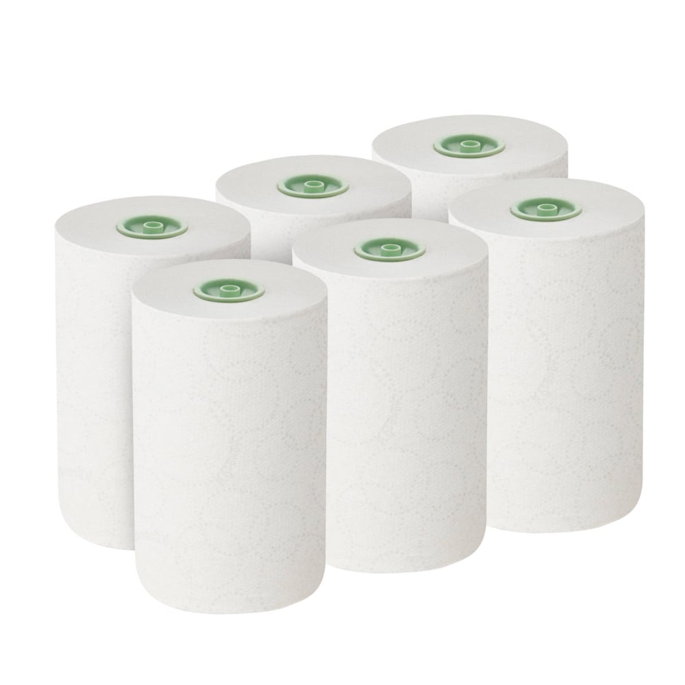 Kuusi Kimberly-Clark Kleenex® E-roll Slimroll™ valkoista 1-kerroksista rullapyyhettä (6x135m) vihreällä pahviytimellä on asetettu kahteen kolmen riviin yksivärisellä valkoisella taustalla.