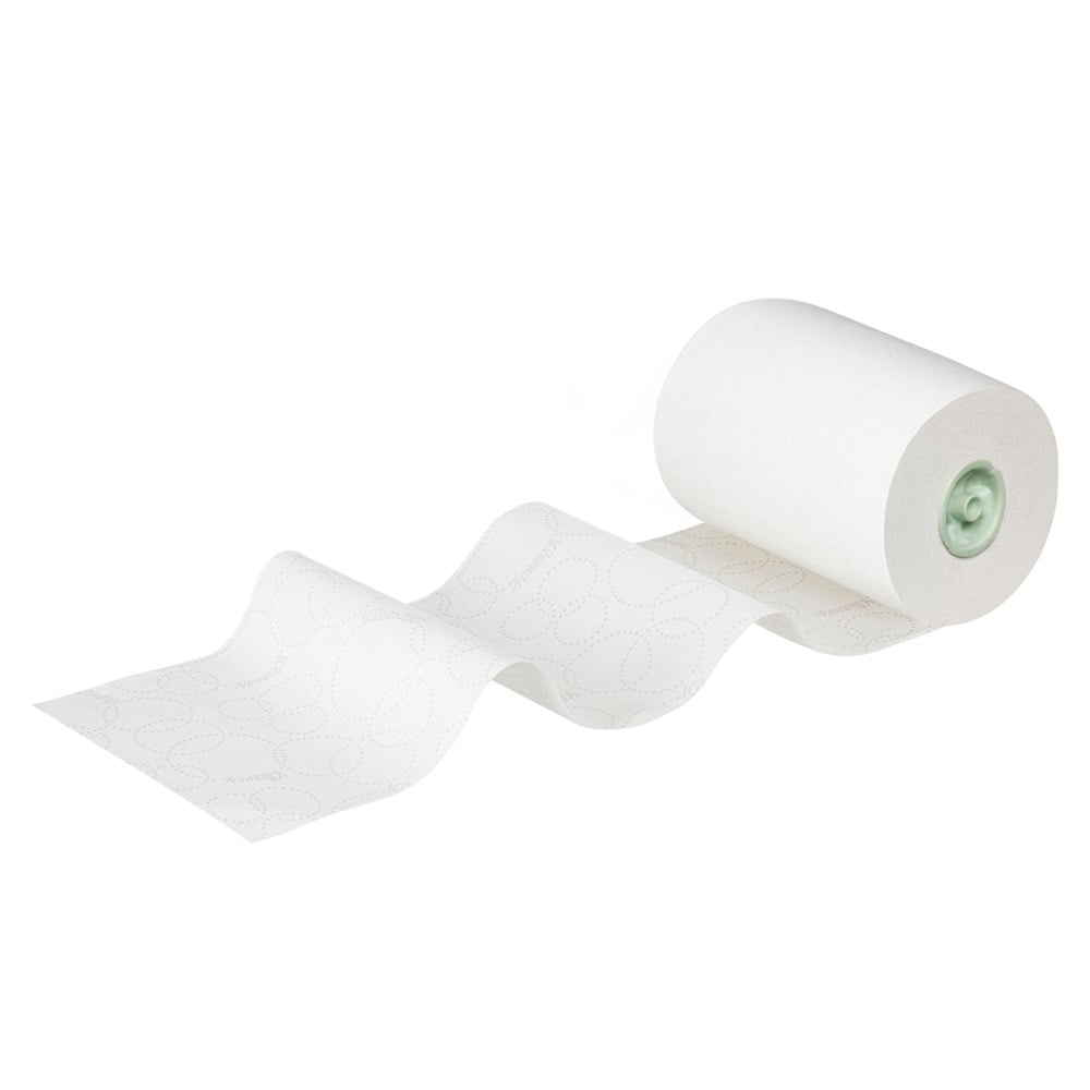 Kleenex® Rollenhandtücher E-roll Slimroll™, 1-kerroksinen, valkoinen rulla Kimberly-Clark GmbH:lta on kuvattu osittain avattuna, jotta hienovarainen kuvio näkyy. Jokaisessa laatikossa on kuusi 135 m pitkää rullaa (6 rullaa), jotka on kuvattu valkoista taustaa vasten.