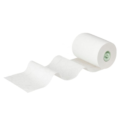 Kleenex® Rollenhandtücher E-roll Slimroll™, 1-kerroksinen, valkoinen rulla Kimberly-Clark GmbH:lta on kuvattu osittain avattuna, jotta hienovarainen kuvio näkyy. Jokaisessa laatikossa on kuusi 135 m pitkää rullaa (6 rullaa), jotka on kuvattu valkoista taustaa vasten.