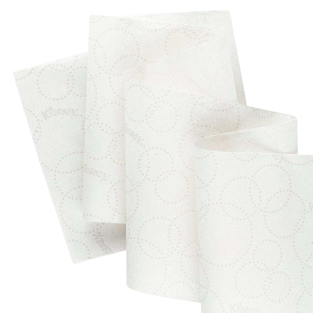 Kimberly-Clark GmbH:n Kleenex®-rullapyyhkeet E-roll Large valkoisesta, 1-kerroksisesta kierrätyspaperista, jossa on hienovarainen pistekuvio ja heikko brändäys - ihanteellinen hygieeniseen käsienkuivaukseen (6x250m rullaa per laatikko).