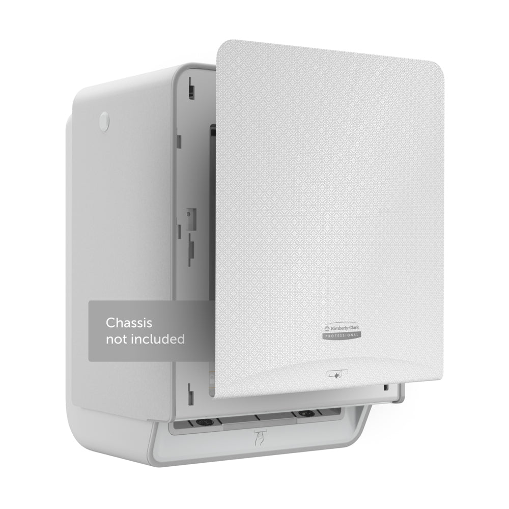 Ein weißes Kimberly-Clark Professional™ Icon™ Dispenser Faceplate - eHRT (33,02 x 37,47 x 3,18 cm) der Kimberly-Clark GmbH, abgebildet mit geöffneter Frontabdeckung und der Beschriftung "Chassis nicht enthalten", ist auf einem weißen Hintergrund montiert.