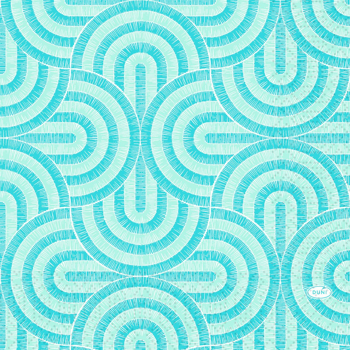 Tealin ja vaaleansinisen geometrinen kuvio puolikaarilla koristaa Duni GmbH Breeze Mint Blue lautasliinoja 33x33 cm (250 kappaletta); "DUNI" on pienillä kirjaimilla oikeassa alakulmassa.