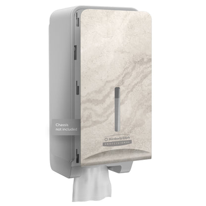Die Kimberly-Clark Professional™ Icon™ Dispenser Faceplate - FTT von Kimberly-Clark GmbH hat eine beige marmorierte Vorderseite, ein vertikales Fenster und ein Etikett mit der Aufschrift "Chassis nicht enthalten" - perfekt für ein modernes Waschraumdesign. Größe: 27,80 x 13,10 x 1,40 cm.