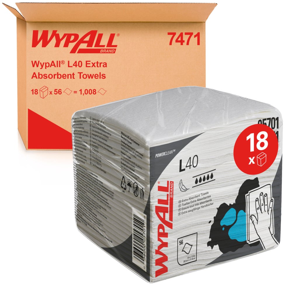 Kimberly-Clarkin valkoisten WypAll® L40 PowerClean pyyhkeiden pakkaus, neljään osaan taitettu (18 x 56 pyyhettä per laatikko), kuvattuna lähetyslaatikon edessä, jossa on tuotetiedot kuten "7471" ja "18 x 56 = 1.008".