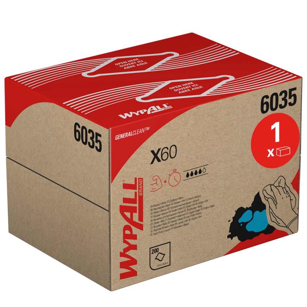 Kimberly-Clark GmbH:n WypAll® X60 General Clean BRAG™ Box (41,80 x 28,30 cm) sisältää 200 pyyhettä ja siinä on kädet, jotka käyttävät pyyhettä, puhdistusratkaisun etujen symbolit ja tuotekoodi 6035 ruskeassa ja punaisessa pakkauksessa.