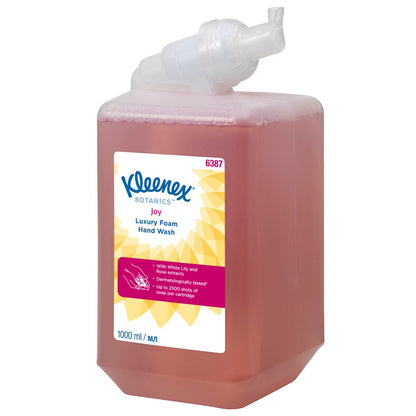 Yksi 1L Kleenex® Botanics™ Luxury Foam Hand Wash -kasetti (punainen, dermatologisesti testattu) Kimberly-Clark GmbH:lta, sopii annostelijoihin; pakkaus sisältää 6 kasettia.