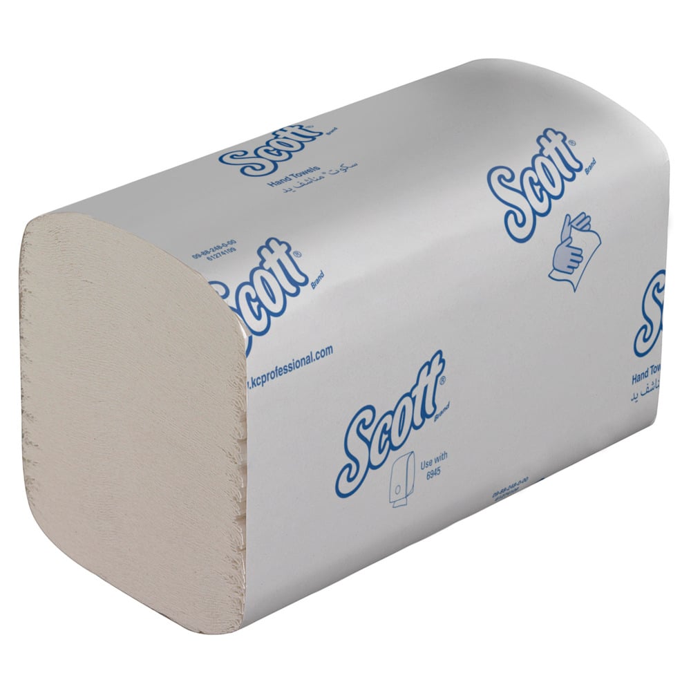 Yksi laatikko Scott® Essential™ käsipyyhkeitä - interfold, valkoinen, pieni (15 pakettia x 340 pyyhettä) Kimberly-Clark GmbH:lta, pakattu valkoiseen laatikkoon, jossa on sininen brändäys ja symbolit hygieenistä käsien kuivausta varten.