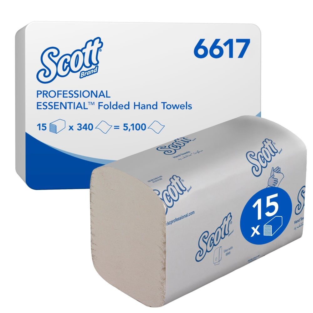 Yksi laatikko Scott® ESSENTIAL™ Interfold käsipyyhkeitä (valkoinen, pieni) Kimberly-Clark GmbH:lta sisältää 15 pakkausta, joissa kussakin on 340 arkkia, pakattuna brändipakkaukseen ja merkitty tuotetiedoilla ja määrällä.