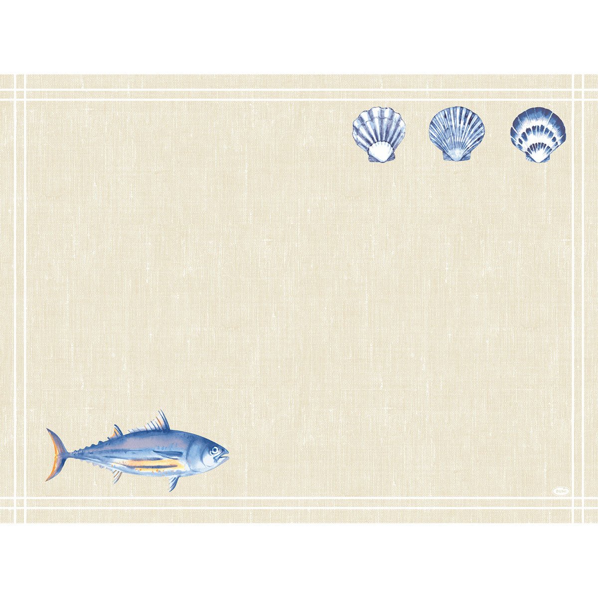 Beige strukturoitu Dunicel-setti (30x40 cm) Duni GmbH:ltä, "Tide"-design: ohuet valkoiset reunat, siniset kalat (vasemmalla alhaalla), kolme sinistä simpukkaa (oikealla ylhäällä). Ihanteellinen juhlavaan pöytäkoristeluun. Keskiosa jää vapaaksi. Pakkaus sisältää 100 kappaletta.