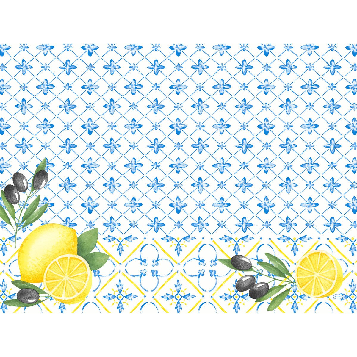 Duni GmbH paperipöytätabletit 30x40 cm: Valkoinen tausta sinisellä kaakelikuviolla, kuvitettuja mustia oliiveja, oksia ja sitruunaviipaleita. Välimerellinen muotoilu keltaisilla aksenteilla, ihanteellinen tyylikkääseen pöytäkoristeluun (250 kappaletta).