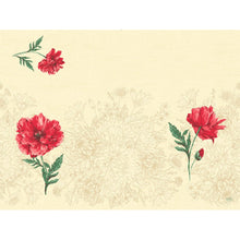 Beige tausta, jossa on vaaleita kukkakuvioita ja kolme punaista kukkaa etualalla, korostaa Dunicel-Sets 30x40 Monique - korkealaatuisia pöytäsettiä tapahtumiin (100 kappaletta) Duni GmbH:ltä, joilla on pieni punainen kukka vasemmassa yläkulmassa.