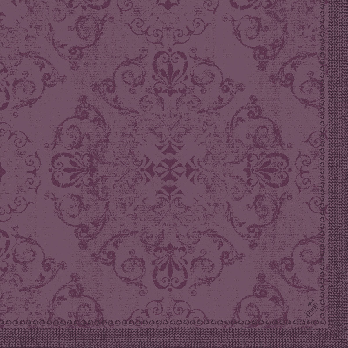 Duni GmbH:n Dunilin-lautasliinat 40 x 40 cm 1/4 taitto erottuvat koristeellisella violetilla damastikuviolla kukka- ja köynnösaiheilla sekä koristeellisella reunuksella oikealla ja alareunassa.
