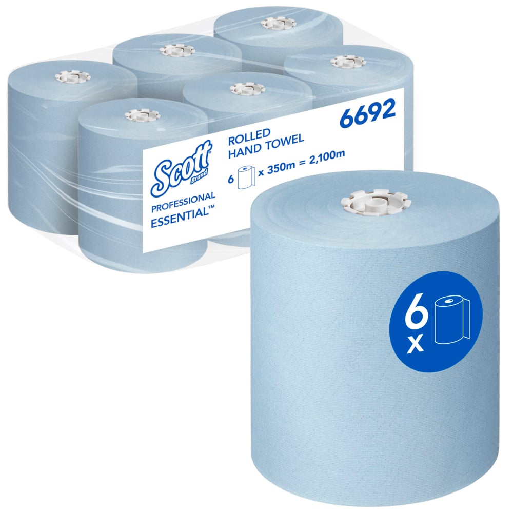 Pakkaus, joka sisältää kuusi Scott® Essential™ käsipyyherullaa Kimberly-Clark GmbH:lta, jokainen sininen rulla on 350 m pitkä, yhteensä 2 100 m. Yksi rulla on avattu edestä, muut on kääritty muoviin.