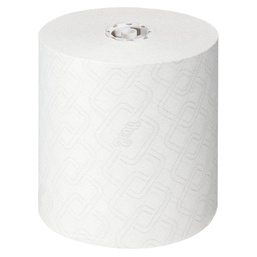 Yksi suuri Scott® Essential™ käsipyyherulla valkoisena Kimberly-Clark GmbH:lta, kuvattuna ylhäältä valkoisella taustalla - täydellinen hygieeniseen käsien puhdistukseen; 6 rullaa x 1 arkki laatikossa.