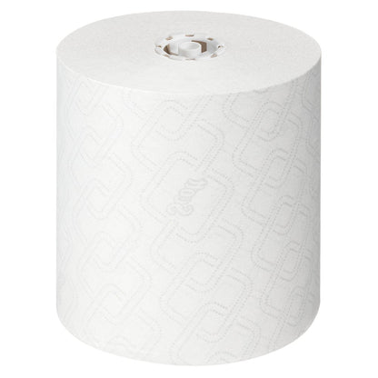 Yksi suuri Scott® Essential™ käsipyyherulla valkoisena Kimberly-Clark GmbH:lta, kuvattuna ylhäältä valkoisella taustalla - täydellinen hygieeniseen käsien puhdistukseen; 6 rullaa x 1 arkki laatikossa.
