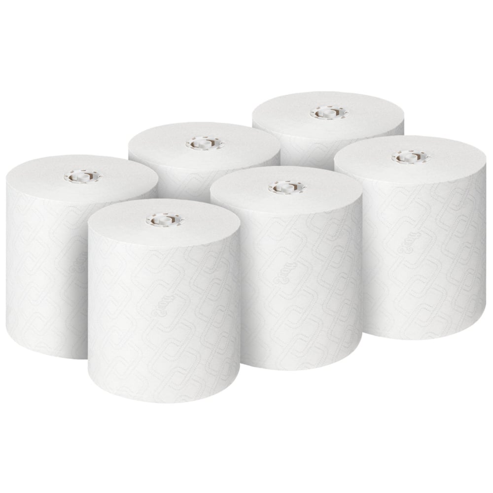 Kuusi Scott® Essential™ käsipyyherullaa (valkoinen), Kimberly-Clark GmbH:lta, on aseteltu kahteen kolmen rullan riviin valkoiselle pohjalle. Jokainen laatikon 6 rullasta sopii erinomaisesti hygieeniseen käsien puhdistukseen.