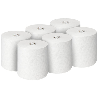 Kuusi Scott® Essential™ käsipyyherullaa (valkoinen), Kimberly-Clark GmbH:lta, on aseteltu kahteen kolmen rullan riviin valkoiselle pohjalle. Jokainen laatikon 6 rullasta sopii erinomaisesti hygieeniseen käsien puhdistukseen.