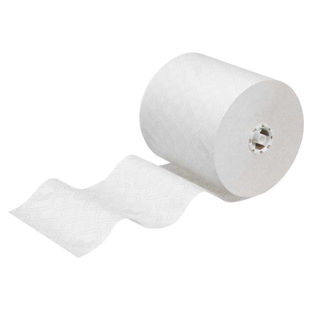 Yksi suuri Scott® Essential™ käsipyyherulla Kimberly-Clark GmbH:lta on osittain avattu ja näyttää kohokuvioidut kuviot valkoisissa arkeissa, ihanteellinen hygieeniseen käsien puhdistukseen. Pakkaus: 6 rullaa x 1 arkki per laatikko.
