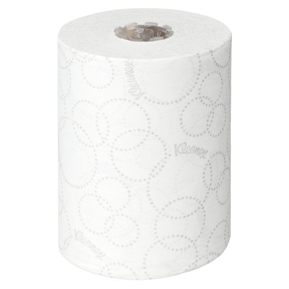 Yksi yksittäinen valkoinen Kimberly-Clark GmbH:n Kleenex® Ultra™ Slimroll™ -käsipyyherulla seisoo pystyssä ja siinä on pistekuvio - ihanteellinen kapeille annostelujärjestelmille. Pakkaus: 6 rullaa per laatikko.