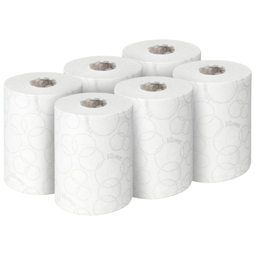 Kuusi valkoista Kimberly-Clark GmbH:n Kleenex® Ultra™ Slimroll™ -käsipyyherullaa on järjestetty kahteen kolmen rullan riviin - ihanteellinen kapeille annostelujärjestelmille - yksinkertaista valkoista taustaa vasten.