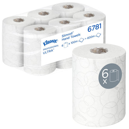 Pakkaus, jossa on 6 Kimberly-Clark GmbH:n Kleenex® Ultra™ Slimroll™ -käsipyyherullaa, jokainen valkoinen rulla 100m, ihanteellinen kapeille annostelujärjestelmille. Yksi rulla on kuvattu erikseen etiketissä olevalla "6x" ja rullasymbolilla.
