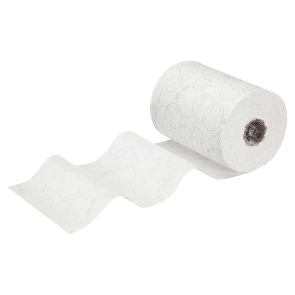 Valkoinen Kimberly-Clark GmbH:n Kleenex® Ultra™ Slimroll™ -käsipyyherulla, osittain rullattu, jossa on kohokuvioituja pyörteitä, ihanteellinen kapeille annostelujärjestelmille tai käytettäväksi muiden Ultra™ Slimroll™ -tuotteiden rinnalla. Pakkaus: 6 rullaa per laatikko.