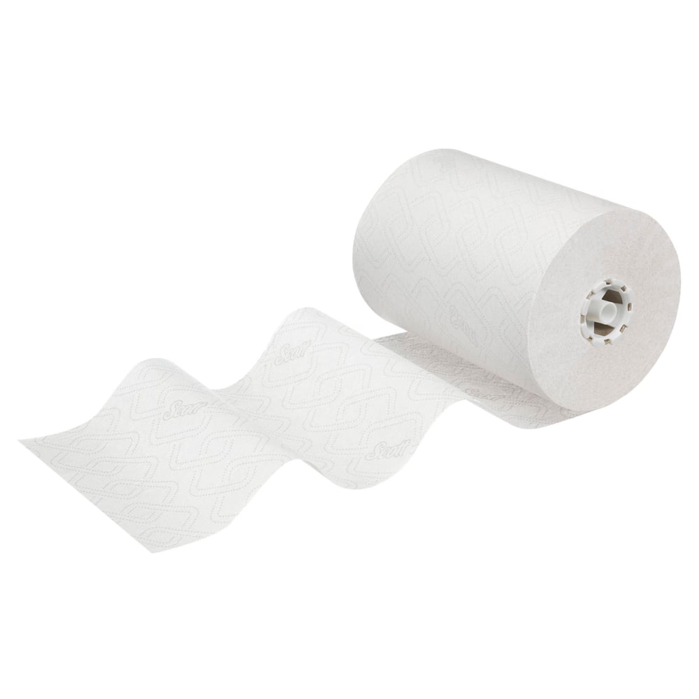 Yksi Scott® CONTROL EXTRA STRONG -käsipyyherulla Kimberly-Clark GmbH:lta on osittain rullattu auki ja näyttää hienovaraisen kohokuvionsa valkoisilla lehdillä. 6 rullan pakkaus on kuvattu yksivärisellä valkoisella taustalla.