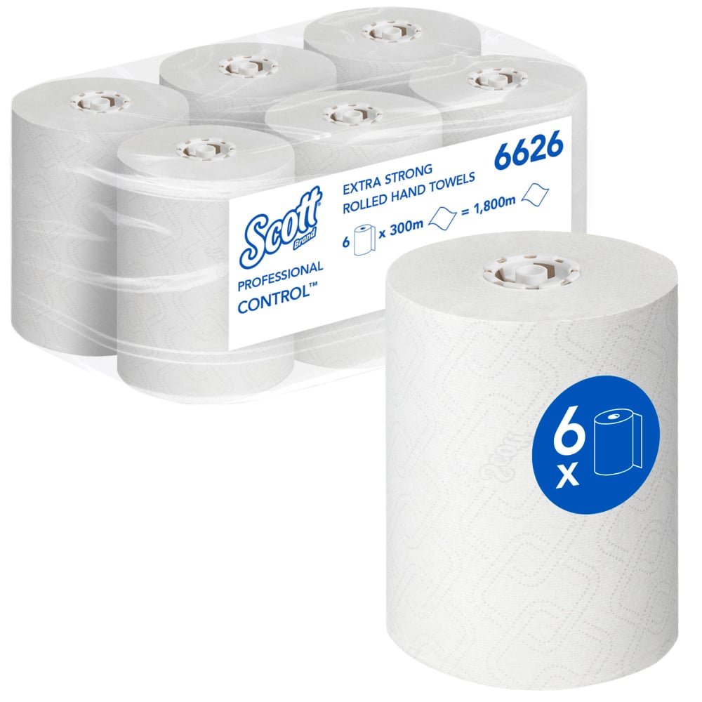 Kuusi valkoista Scott® CONTROL EXTRA STRONG -käsipyyherullaa Kimberly-Clark GmbH:lta on pakattu yhteen kirkkaaseen suojukseen, ja etummaisessa rullassa on sininen "6x"-symboli. Nämä erittäin vahvat paperipyyhkeet toimitetaan 6 rullaa per laatikko ammattikäyttöön.