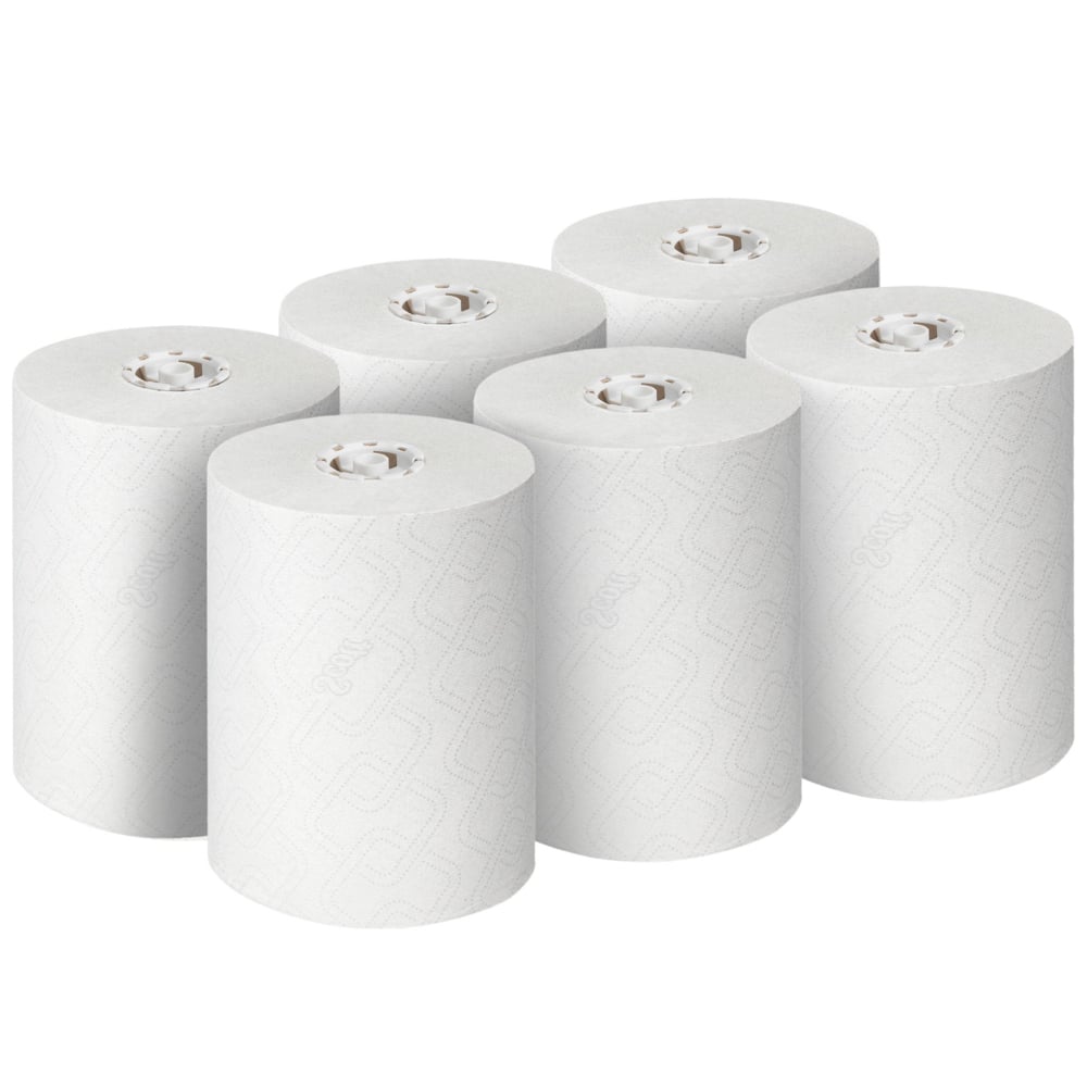Kuusi käyttämätöntä valkoista Scott® CONTROL EXTRA STRONG -käsipyyherullaa Kimberly-Clark GmbH:lta on aseteltu kahteen kolmen rullan riviin, jotka näyttävät näkyvän ytimen ja vahvat, erittäin kestävät lehdet. Pakkaus: 6 rullaa/laatikko.