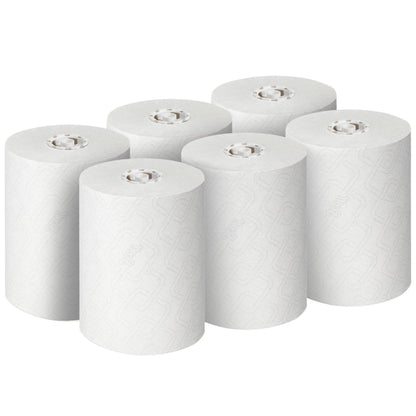 Kuusi käyttämätöntä valkoista Scott® CONTROL EXTRA STRONG -käsipyyherullaa Kimberly-Clark GmbH:lta on aseteltu kahteen kolmen rullan riviin, jotka näyttävät näkyvän ytimen ja vahvat, erittäin kestävät lehdet. Pakkaus: 6 rullaa/laatikko.