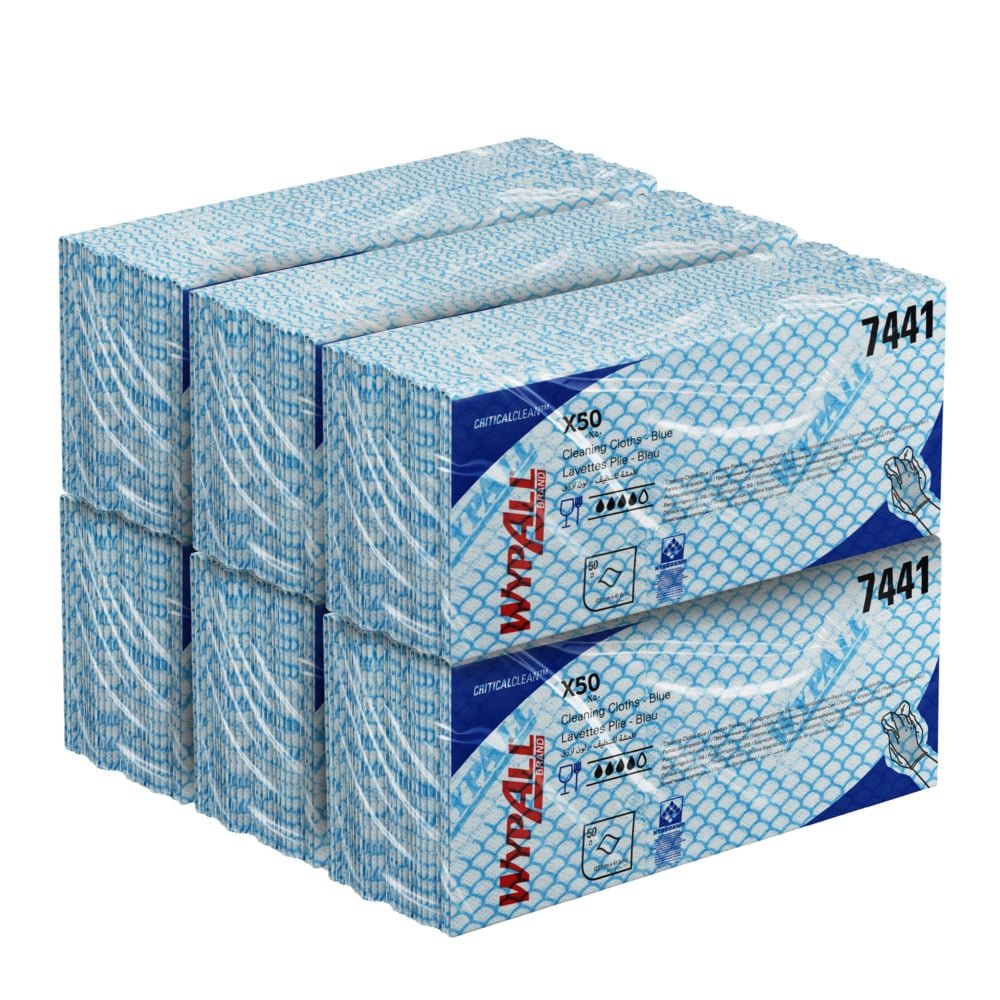 Kuusi sinivalkoista Kimberly-Clark GmbH WypAll® X50 pyyhettä (Interfold, 41,80 x 24,70 cm), jokainen laatikko on merkitty numerolla 7441 ja näyttää käden, joka käyttää näitä kertakäyttöisiä pyyhkeitä helppoon puhdistukseen.