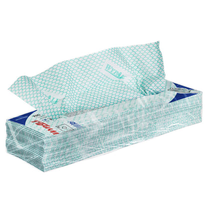 Aus einer rechteckigen Packung WypAll® X80 Critical Clean - Interfold (41 x 33 cm) der Kimberly-Clark GmbH, überwiegend weiß mit hellgrünen geometrischen Mustern und blauen Akzenten, ist ein Wischtuch teilweise herausgezogen.