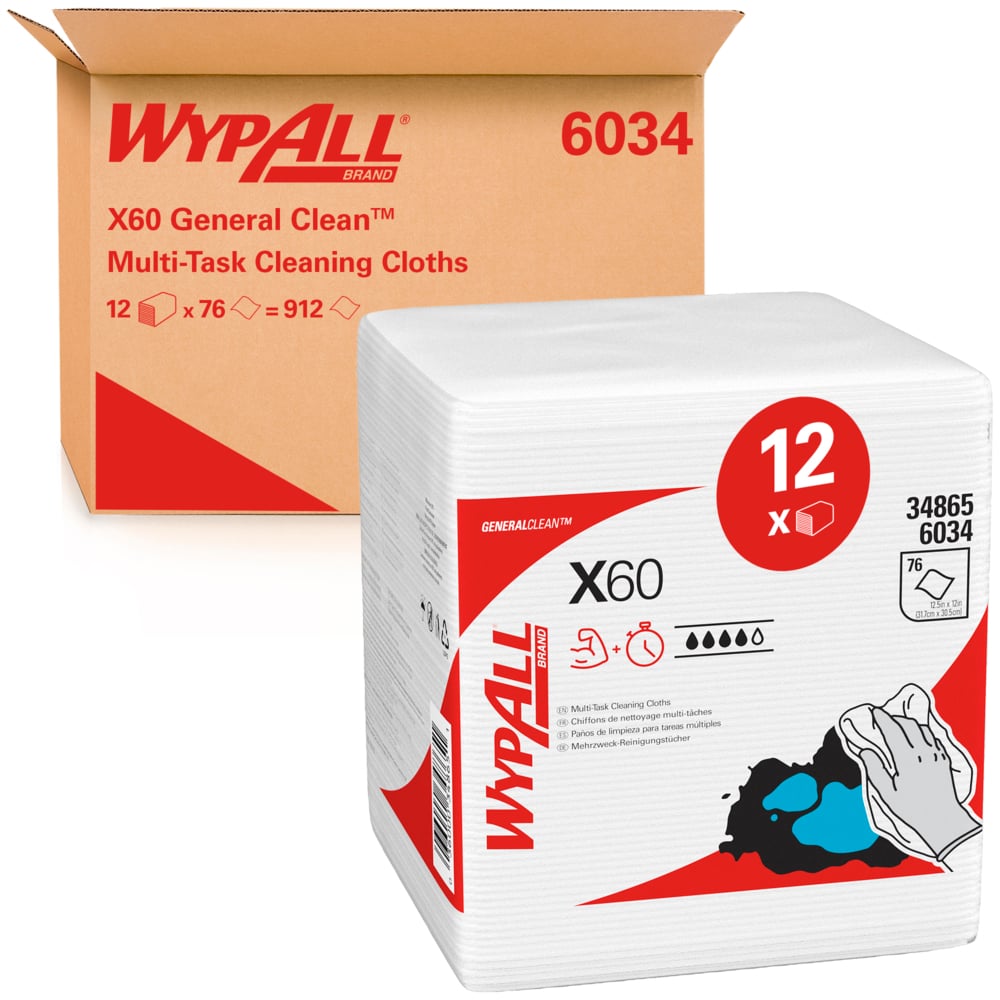 Yksi laatikko Kimberly-Clark GmbH:n WypAll® X60 General Clean neljään osaan taiteltuja, valkoisia liinoja (12 pussia x 76 kappaletta) on esillä yksittäin pakattujen liinojen takana raskaaseen ja yleiseen puhdistukseen.